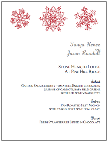 red snowflake wedding menu